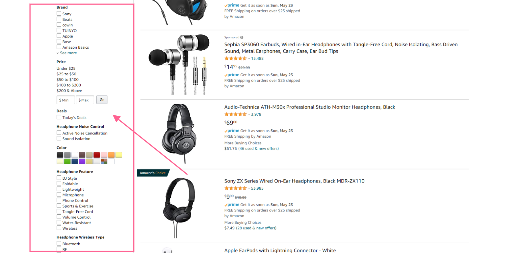 Amazon Example of Headphones Faceted Search